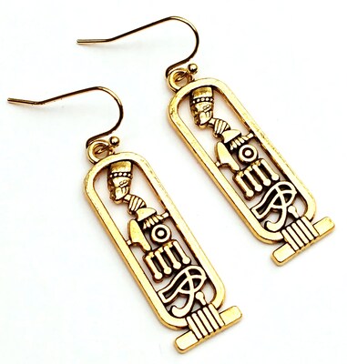Gold Tone Egyptian Cartouche Charm Earrings, Nefertiti Eye of Horus Hieroglyphs, Jewelry Gift for Women - image2